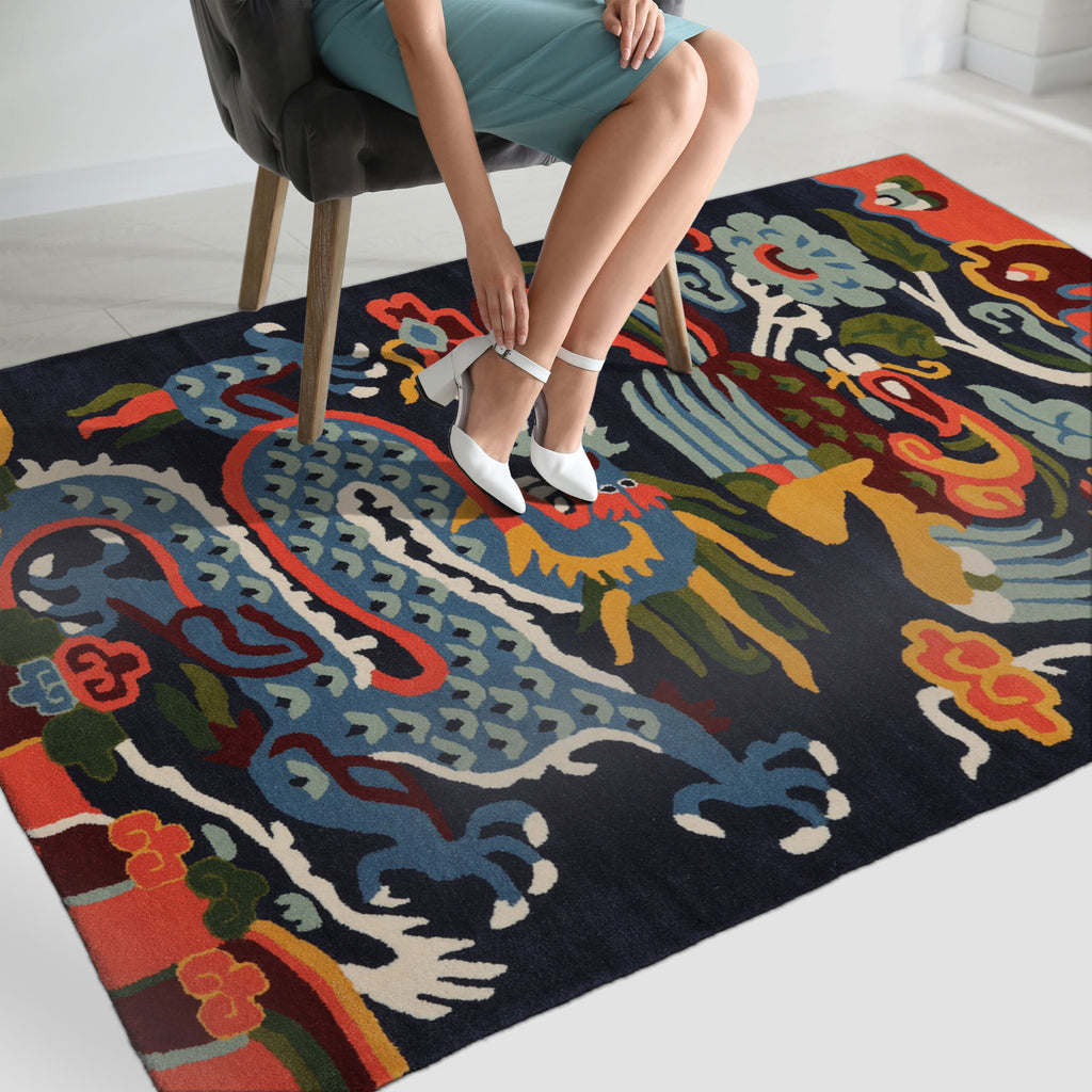 loomBloom Navy Hand Tufted 3x5 Pictorial Transitional Chinese Art Deco Dragon & Phoenix Wool Oriental Area Rug