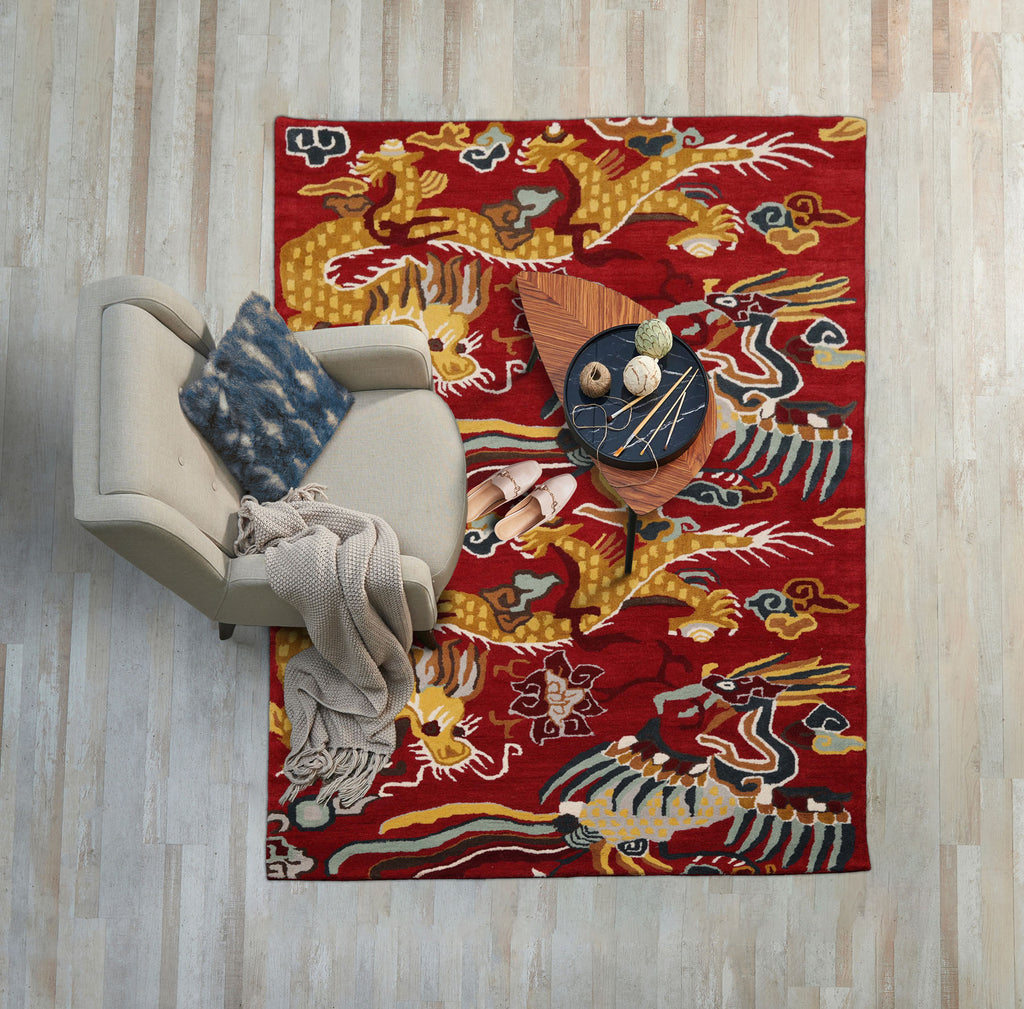 loomBloom Red Hand Tufted 3x5 Pictorial Transitional Chinese Art Deco Dragon & Phoenix Wool Oriental Area Rug