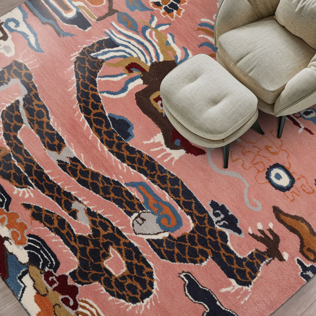 loomBloom Pink Hand Tufted 3x5 Pictorial Transitional Chinese Art Deco Dragon & Phoenix Wool Oriental Area Rug