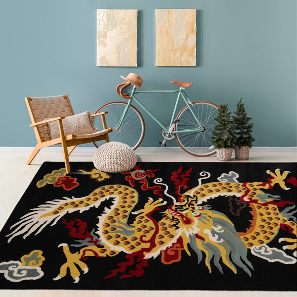 Multi Size Black Gold White Color Hand Tufted Pictorial Wool Transitional Oriental Rug