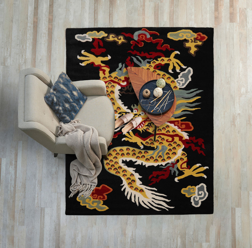 loomBloom Black Hand Tufted 3x5 Pictorial Transitional Chinese Art Deco Dragon & Phoenix Wool Oriental Area Rug