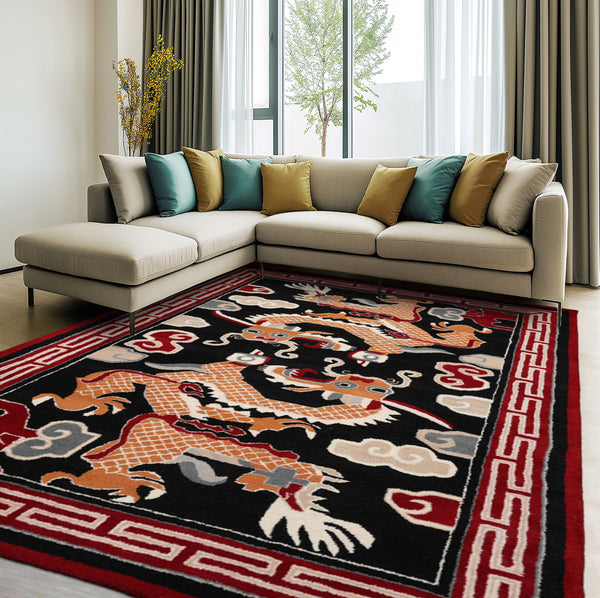 Multi Size Black Red Peach Color Hand Tufted Pictorial Wool Traditional Oriental Rug