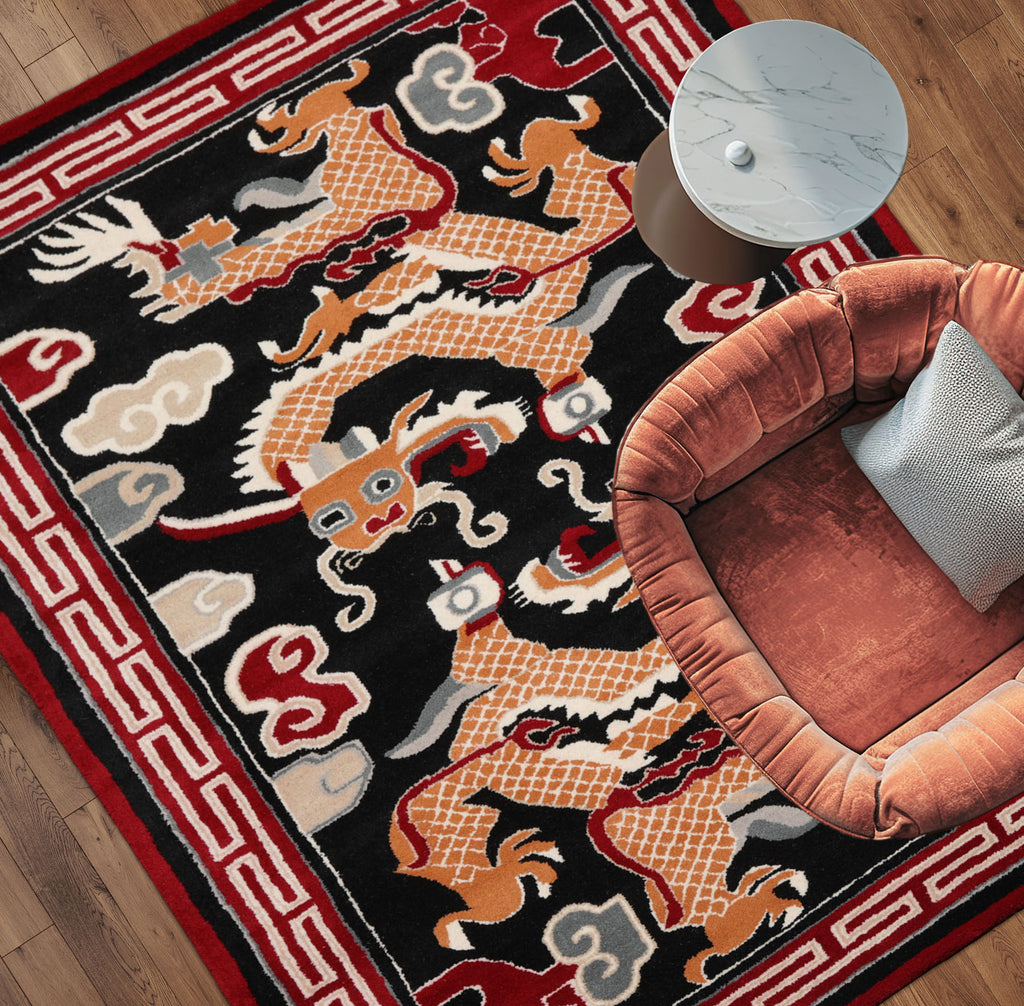 loomBloom Black Hand Tufted 3x5 Pictorial Traditional Chinese Art Deco Dragon & Phoenix Wool Oriental Area Rug