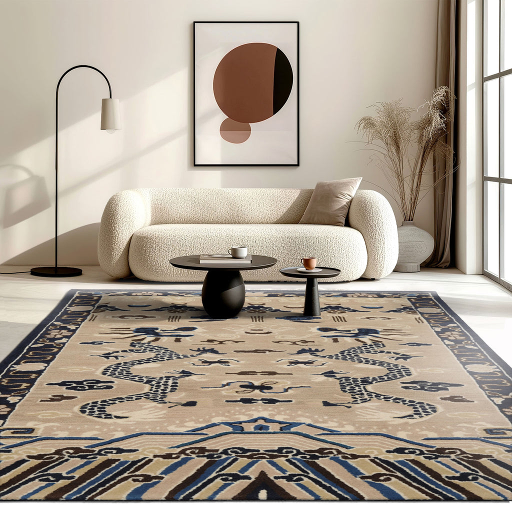 Multi Size Cream Blue Ivory Color Hand Tufted Pictorial Wool Transitional Oriental Rug