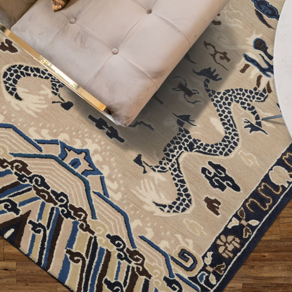 loomBloom Cream Hand Tufted 3x5 Pictorial Transitional Chinese Art Deco Dragon & Phoenix Wool Oriental Area Rug