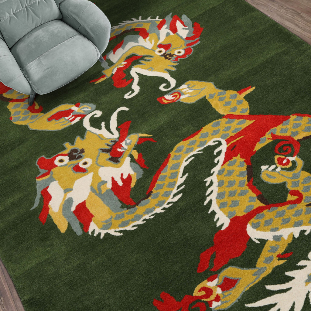 loomBloom Green Hand Tufted 3x5 Pictorial Transitional Chinese Art Deco Dragon & Phoenix Wool Oriental Area Rug