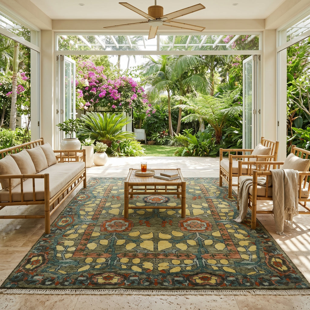 LoomBloom 8'x10'2" Moss Hand Knotted Oushak Wool Oriental Area Rug Arts & Crafts Mission Stained Glass