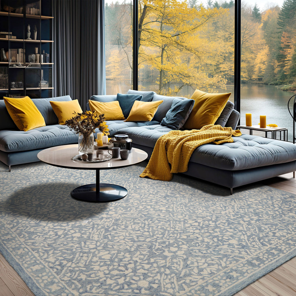 5x8 Blue Ivory Color Hand Hooked All-Over Wool Transitional Oriental Rug