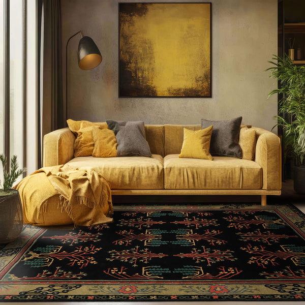 Multi Size Black Pistachio Turquoise Color Hand Tufted Donegal Wool Traditional Oriental Rug