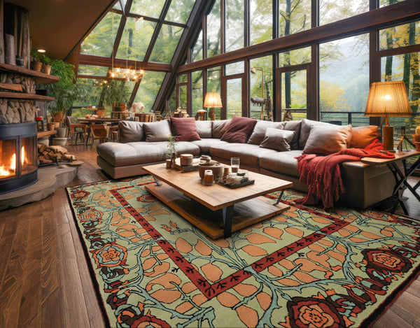Multi Size Mint Peach Aqua Color Hand Tufted William Morris Wool Arts & Crafts Oriental Rug