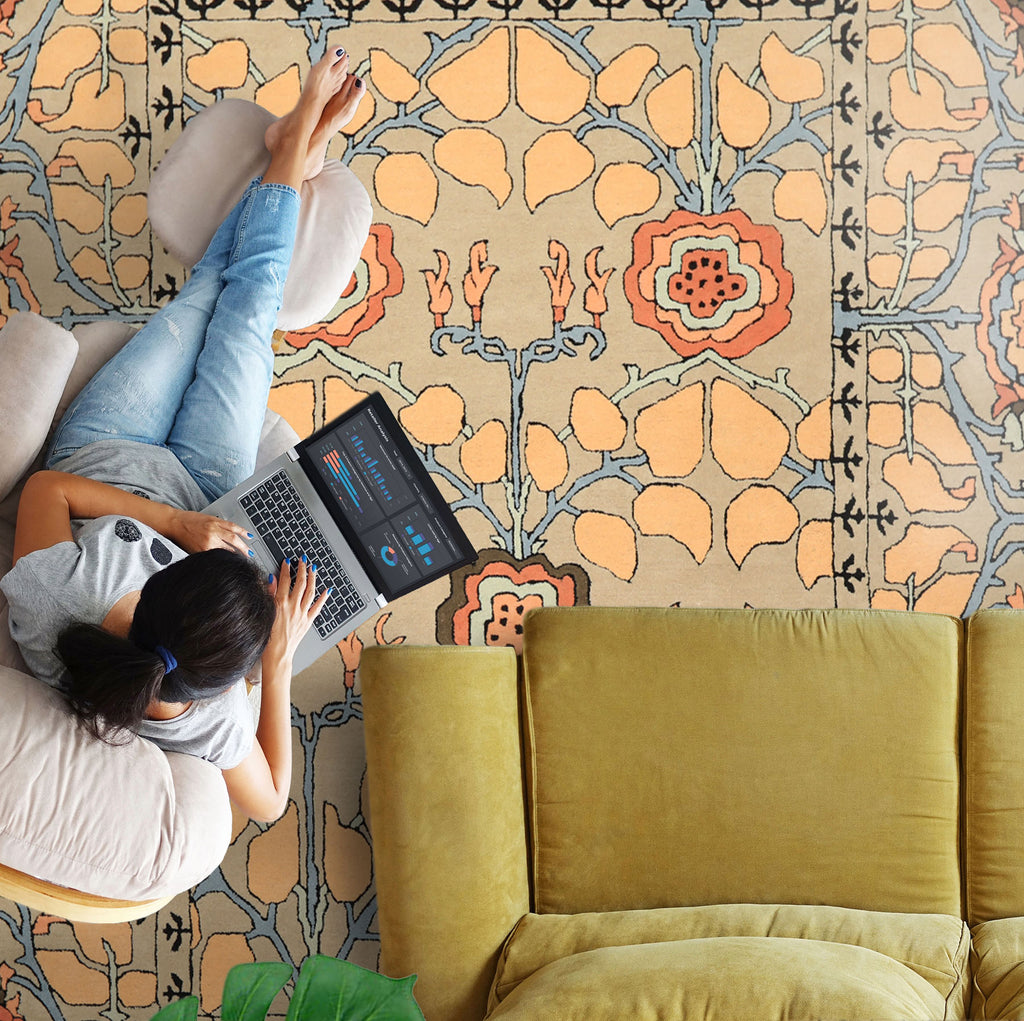 Multi Size Beige Peach Blue Color Hand Tufted Arts & Crafts Wool Transitional Oriental Rug