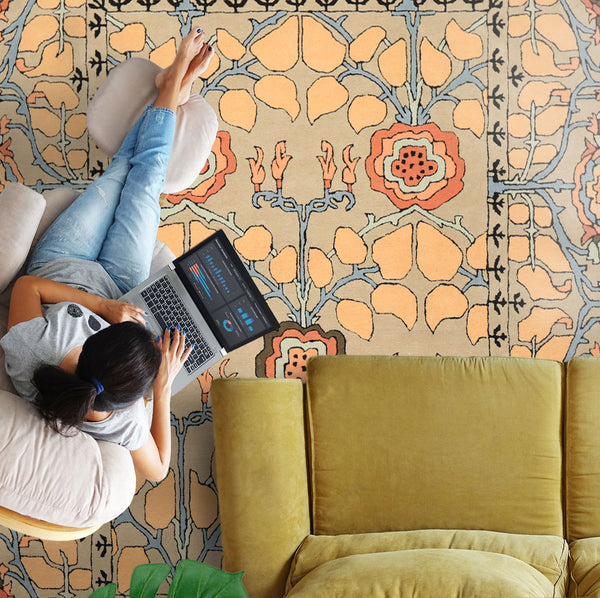 Multi Size Beige Peach Blue Color Hand Tufted Arts & Crafts Wool Transitional Oriental Rug