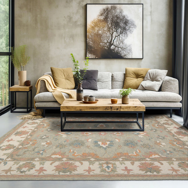 9x12 Moss Ivory Teal Color Hand Hooked Handmade Wool Transitional Oriental Rug