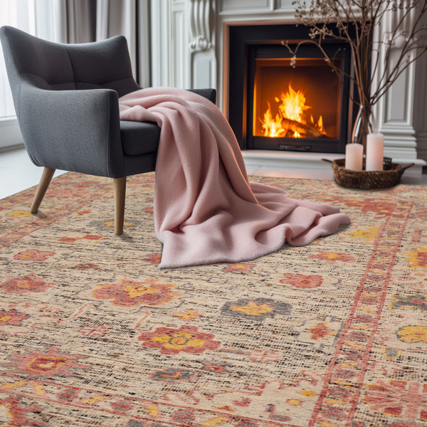 9x12 Beige Rose Gray Color Hand Knotted Oushak Wool Transitional Oriental Rug