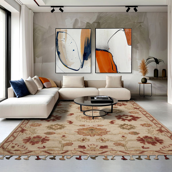 8x10 Beige, Rust, Olive Green Color Hand Knotted Ornamental Frange Wool Transitional Oriental Rug