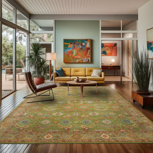 Multi Size Lime Ivory Turquoise Color Hand Tufted William Morris Wool Arts & Crafts Oriental Rug