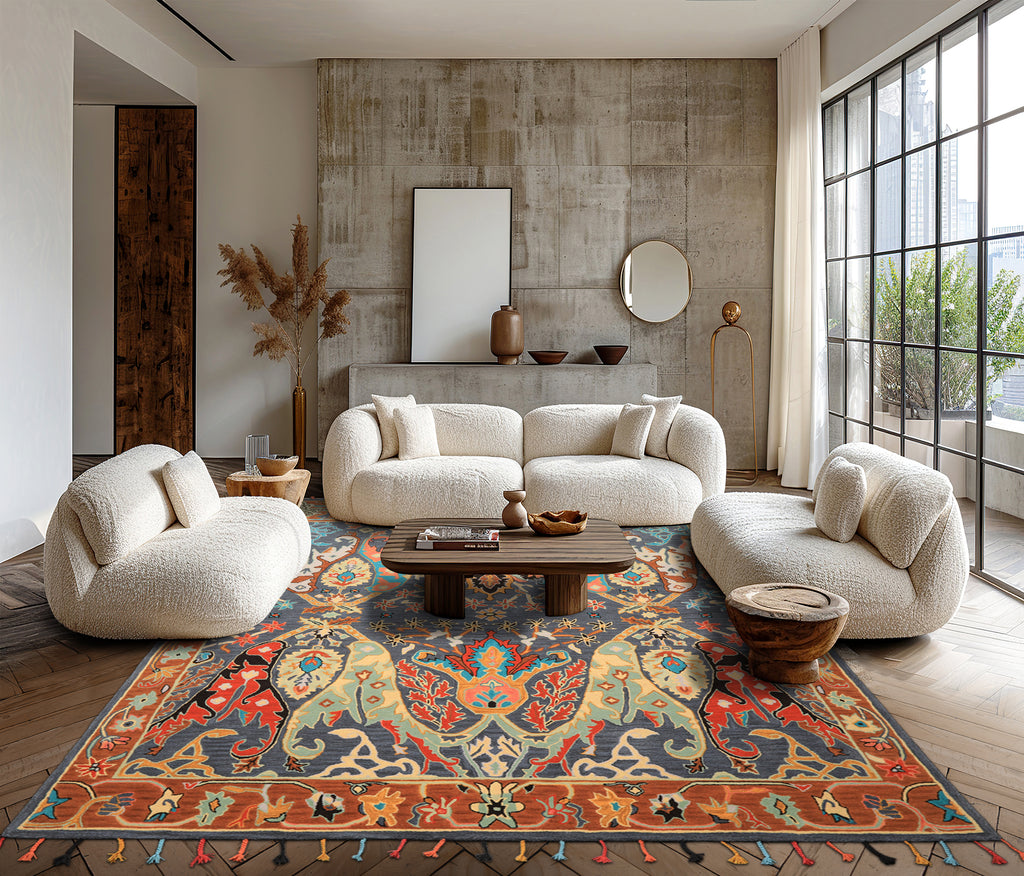 Multi Size Blue Caramel Orange Color Hand Tufted Handmade Boho Wool Arts & Crafts Oriental Rug