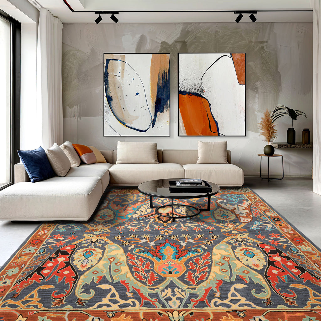 Multi Size Blue Caramel Orange Color Hand Tufted Handmade Boho Wool Arts & Crafts Oriental Rug