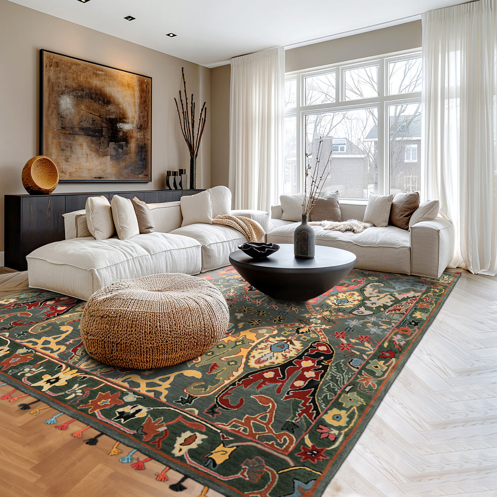 Multi Size Muted Teal Green Ivory Color Hand Tufted Handmade Boho Wool Arts & Crafts Oriental Rug