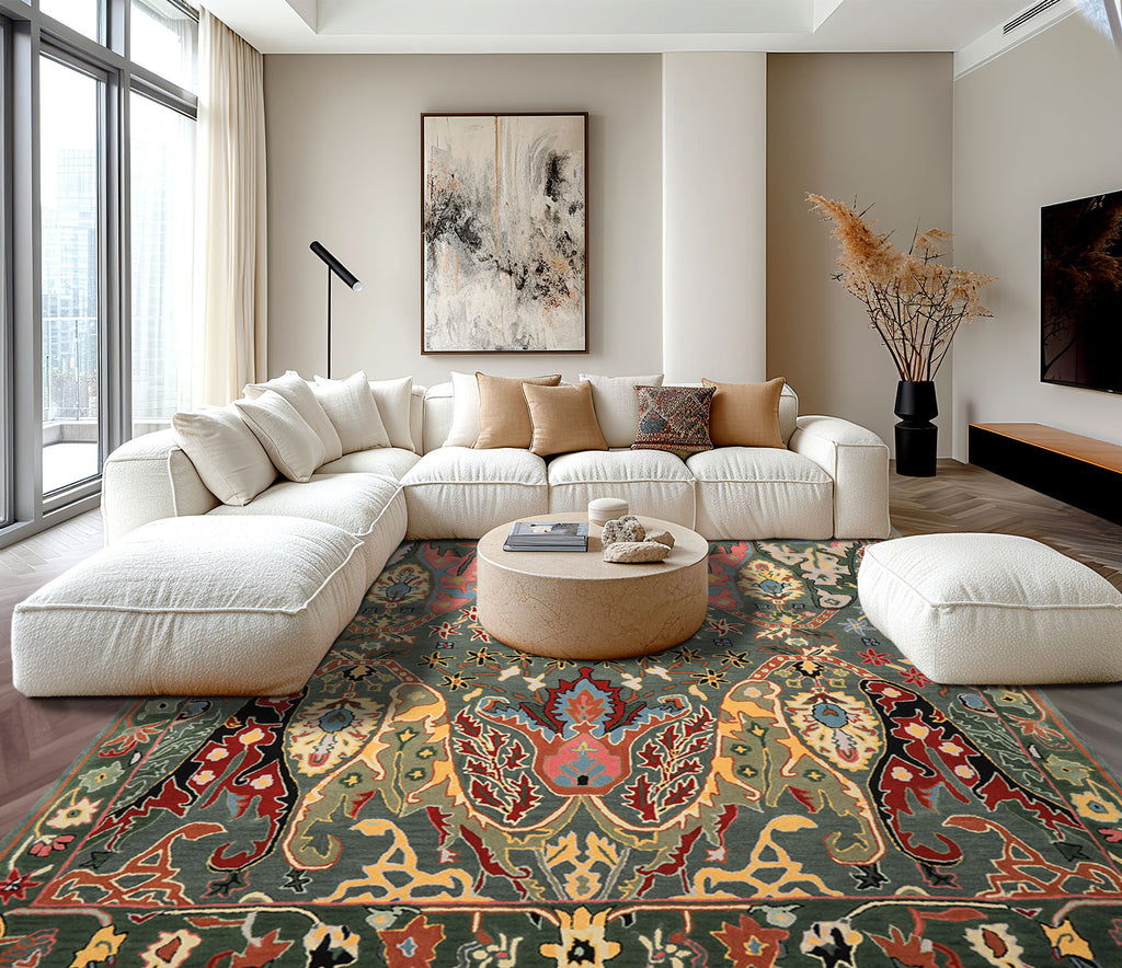 Multi Size Muted Teal Green Ivory Color Hand Tufted Handmade Boho Wool Arts & Crafts Oriental Rug