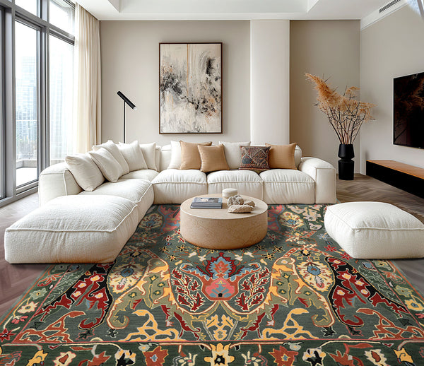 Multi Size Muted Teal Green Ivory Color Hand Tufted Handmade Boho Wool Arts & Crafts Oriental Rug