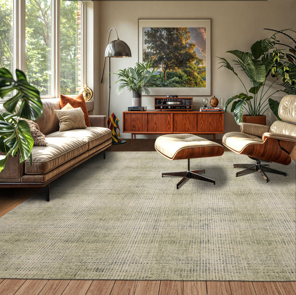 8x10 Ivory Sage Black Color Hand Hooked Plaid Wool Modern & Contemporary Oriental Rug