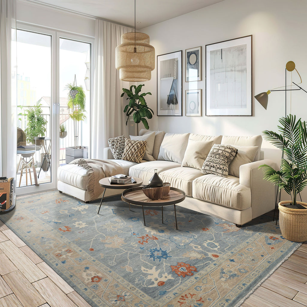 Multi Size Blue Taupe Ivory Color Hand Knotted Oushak Wool Arts & Crafts Oriental Rug