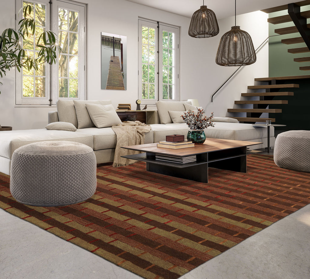 8x10 Raspberry, Rust, Moss Color Hand Tufted  Wool and Bamboo Silk Modern & Contemporary Oriental Rug