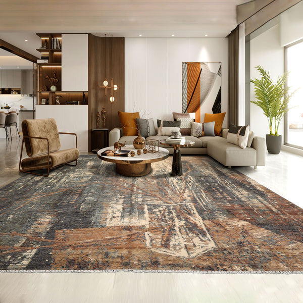10x14 Gray, Beige, Charcoal Color Hand Knotted All-Over Wool & Silk Modern & Contemporary Oriental Rug