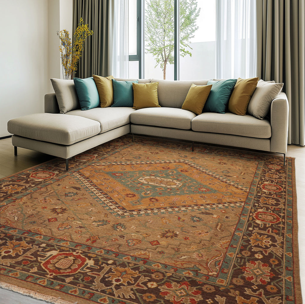 9x12 Khaki, Teal, Caramel Color Hand Knotted Geometric Wool Traditional Oriental Rug