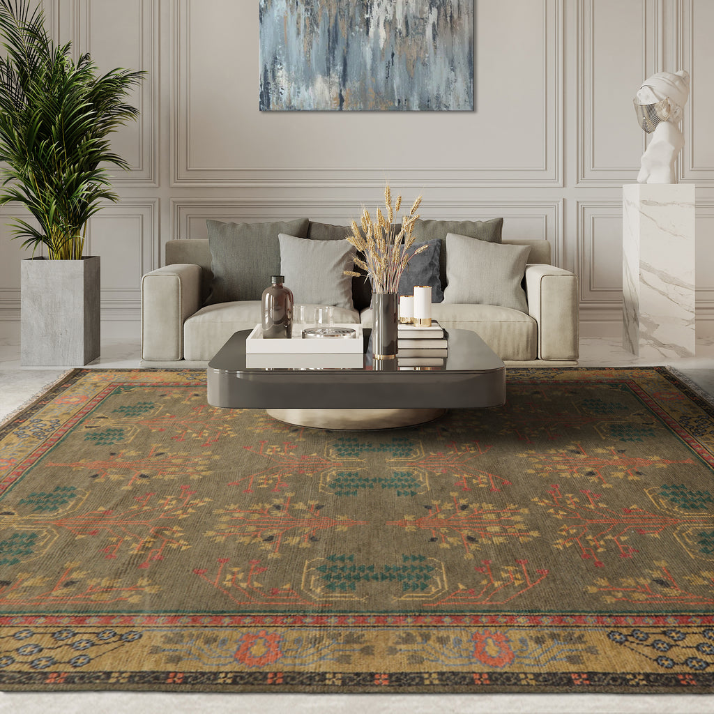 Multi Size Green Pistachio Coral Color Hand Knotted Donegal Wool Arts & Crafts/Mission Oriental Rug