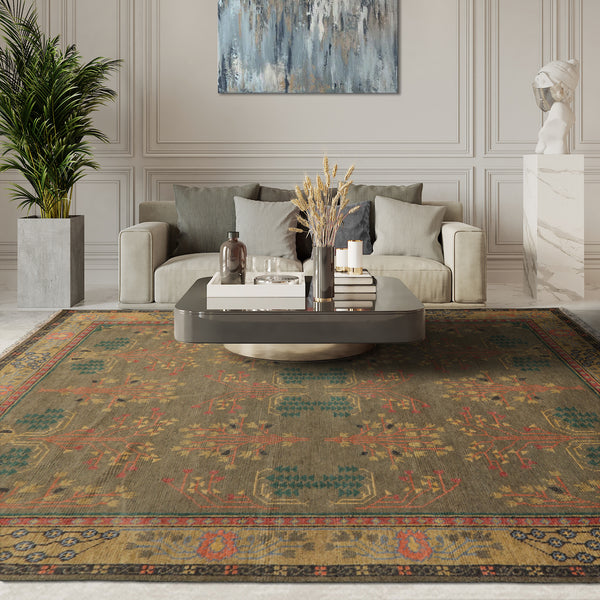 Multi Size Green Pistachio Coral Color Hand Knotted Donegal Wool Arts & Crafts/Mission Oriental Rug