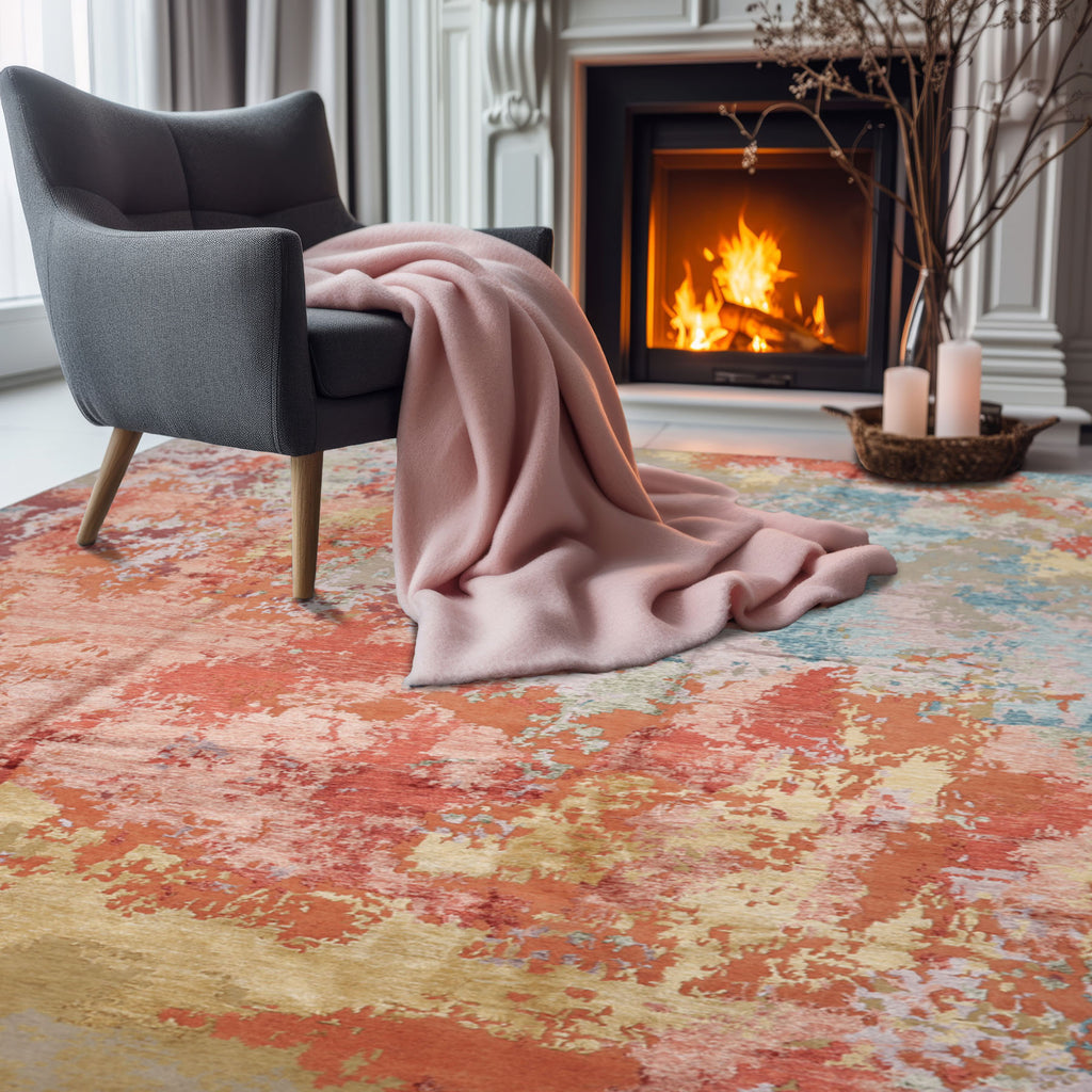 9x12 Teracotta, Peach, Aqua Color Hand Knotted Sherpa Wool and Silk Modern Oriental Rug