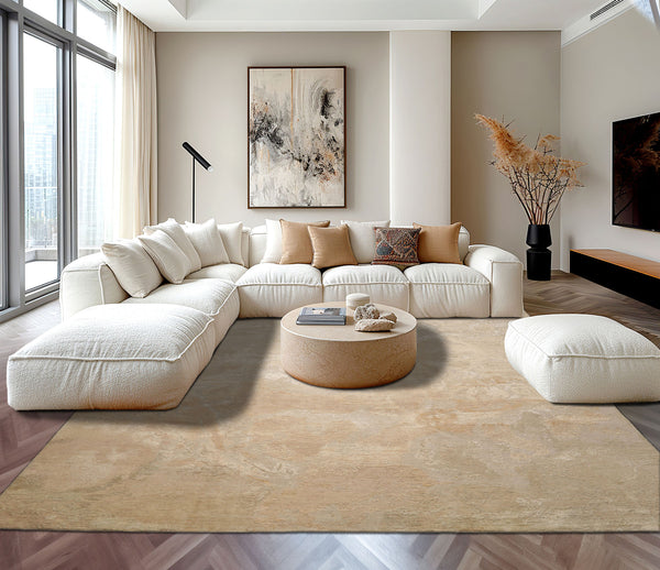 8x10 Beige, Tan, Muted Earth Tones Color Hand Knotted Sherpa Wool and Silk Modern Oriental Rug
