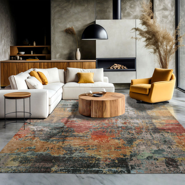 8x10 Gray, Rose, Celadon Color Hand Knotted Sherpa Wool and Silk Modern Oriental Rug