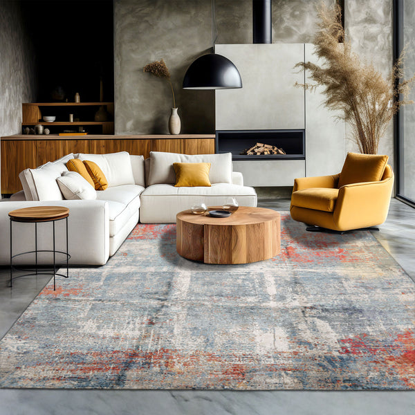 8x10 Ivory, Slate, Burnt Orange Color Hand Knotted Sherpa Wool and Silk Modern Oriental Rug