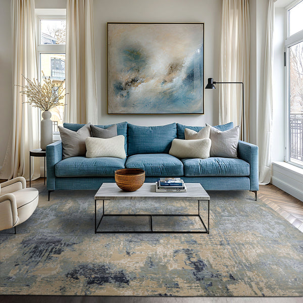 9x12 Gray, Beige, Aqua Color Hand Knotted Sherpa Wool and Silk Modern Oriental Rug