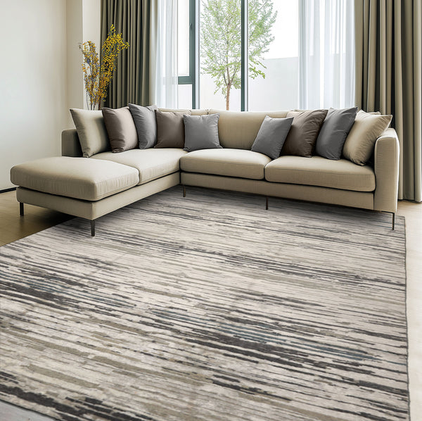 9x12 Ivory, Gray, Graphite Color Hand Knotted Sherpa Wool and Silk Modern Oriental Rug