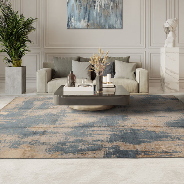 8x10 Beige, Tan, Blue Color Hand Loomed Sherpa Wool and Silk Modern Oriental Rug