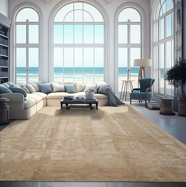 10x14 Beige, Gray, Tan Color Hand Knotted Sherpa Wool and Silk Modern Oriental Rug