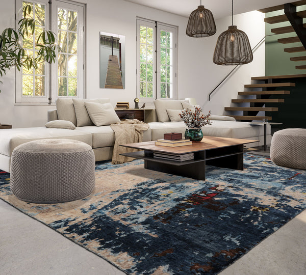 8x10 Beige, Blue, Blush Color Hand Knotted Sherpa Wool and Silk Modern Oriental Rug