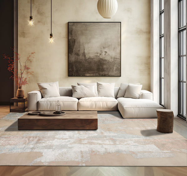 9x12 Ivory, Sea Foam, Taupe Color Hand Knotted Sherpa Wool and Silk Contemporary Oriental Rug