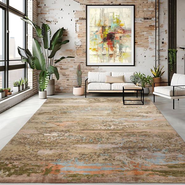 9x12 Beige, Green, Aqua Color Hand Knotted Sherpa Wool and Silk Contemporary Oriental Rug