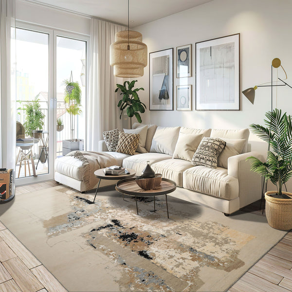 9x12 Ivory, Gray, Tan Color Hand Knotted Sherpa Wool and Silk Modern Oriental Rug