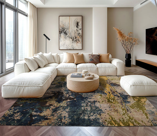 8x10 Beige, Blue, Gold Color Hand Knotted Sherpa Wool and Silk Modern Oriental Rug