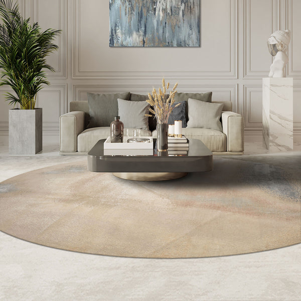 Round Beige, Taupe, Ivory Color Hand Knotted Sherpa Wool and Silk Modern Oriental Rug