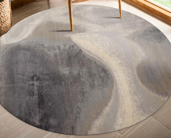Round Gray, Ivory, Graphite Color Hand Knotted Sherpa Wool and Silk Modern Oriental Rug