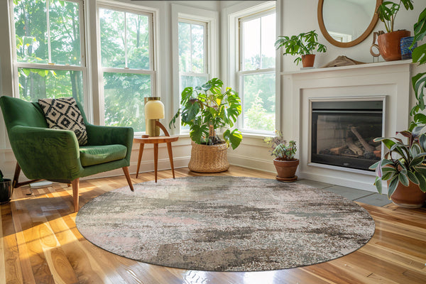 Round Ivory, Gray, Sea Form Color Hand Knotted Sherpa Wool and Silk Modern Oriental Rug