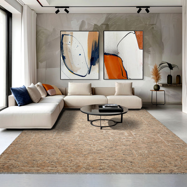 9x12 Tan, Beige, Gray Color Hand Knotted Embossed Look Wool and Silk Transitional Oriental Rug