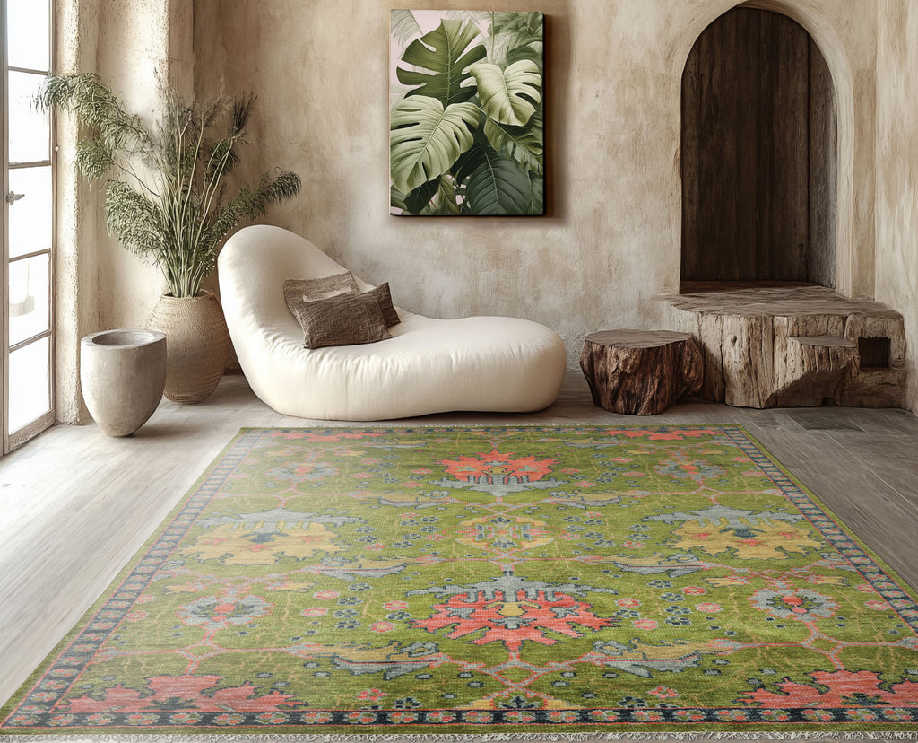 Multi Size Green Pink Navy Color Hand Knotted Turkish Oushak 100% Wool Traditional Oriental Rug